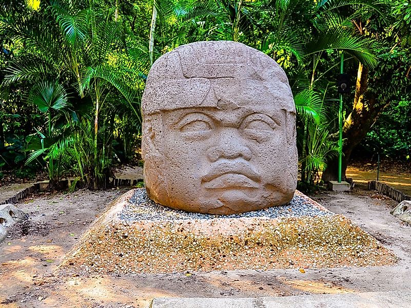 Ancient Olmec head statue found at ruins in the Mexican jungle near the city of Villahermosa.