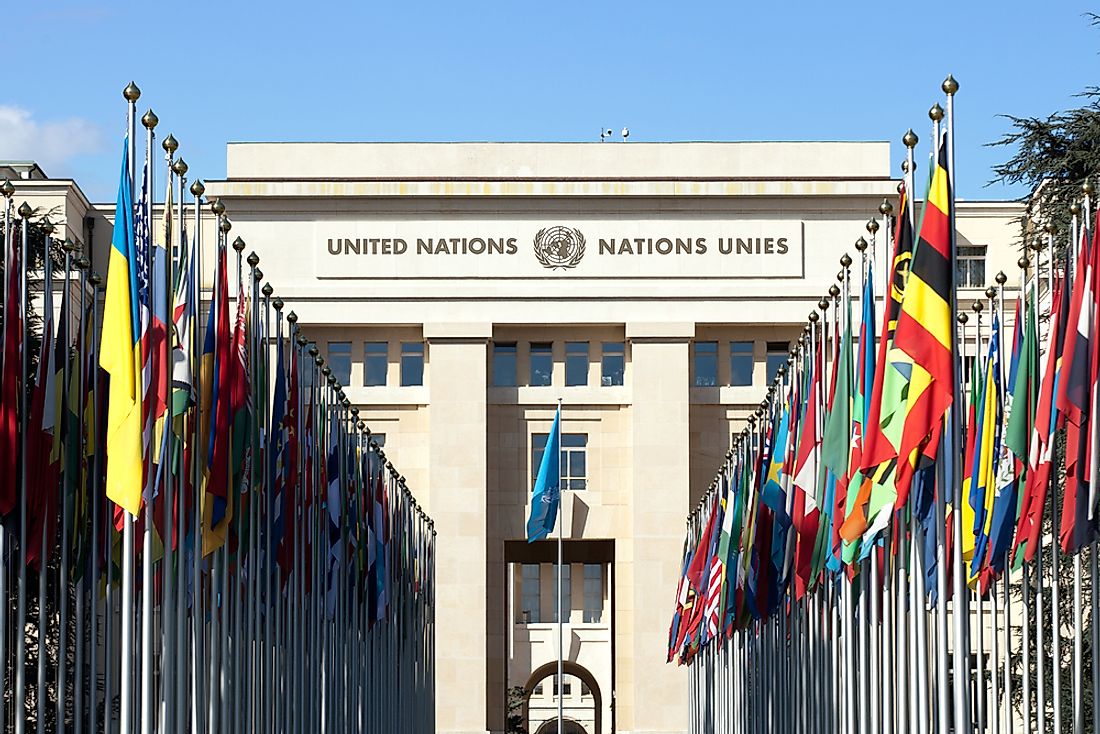 Flags of UN member countries at the United Nations Office in Geneva, Switzerland. Editorial credit: Mark Van Scyoc / Shutterstock.com