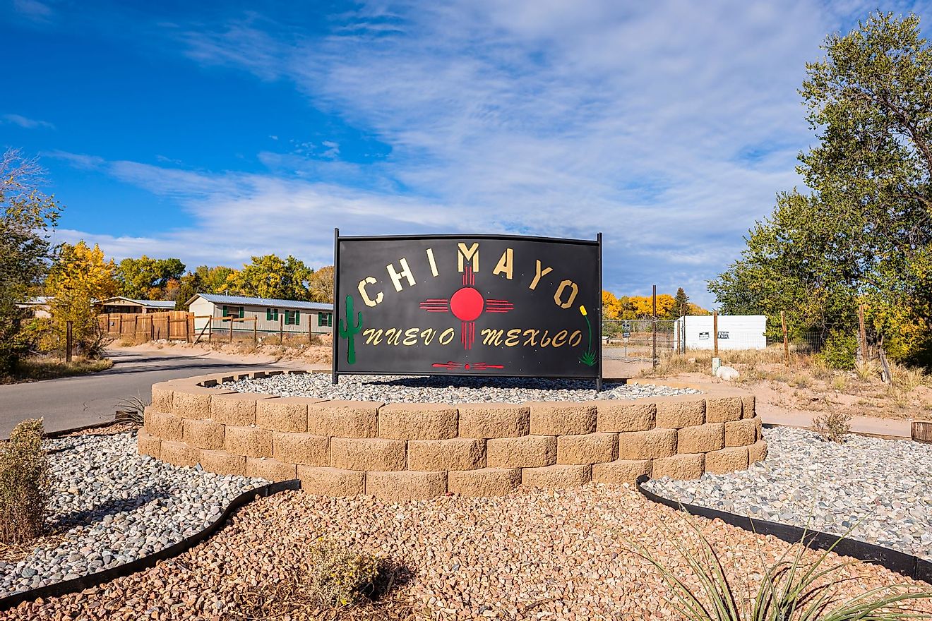 Welcome sign along Highway 76 in Chimayo, New Mexico. Editorial credit: Fotoluminate LLC / Shutterstock.com