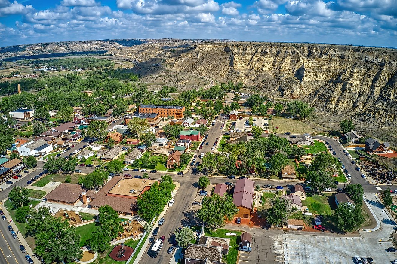 Aerial View of the Tourist Town of Medora, North Dakota outside of Theodore Roosevelt National Park