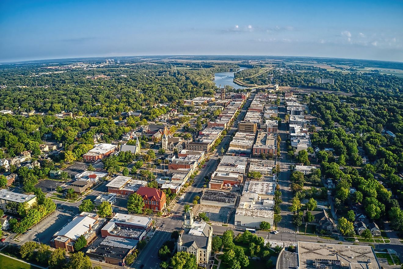 Aerial view of Lawrence, Kansas and its State University. 