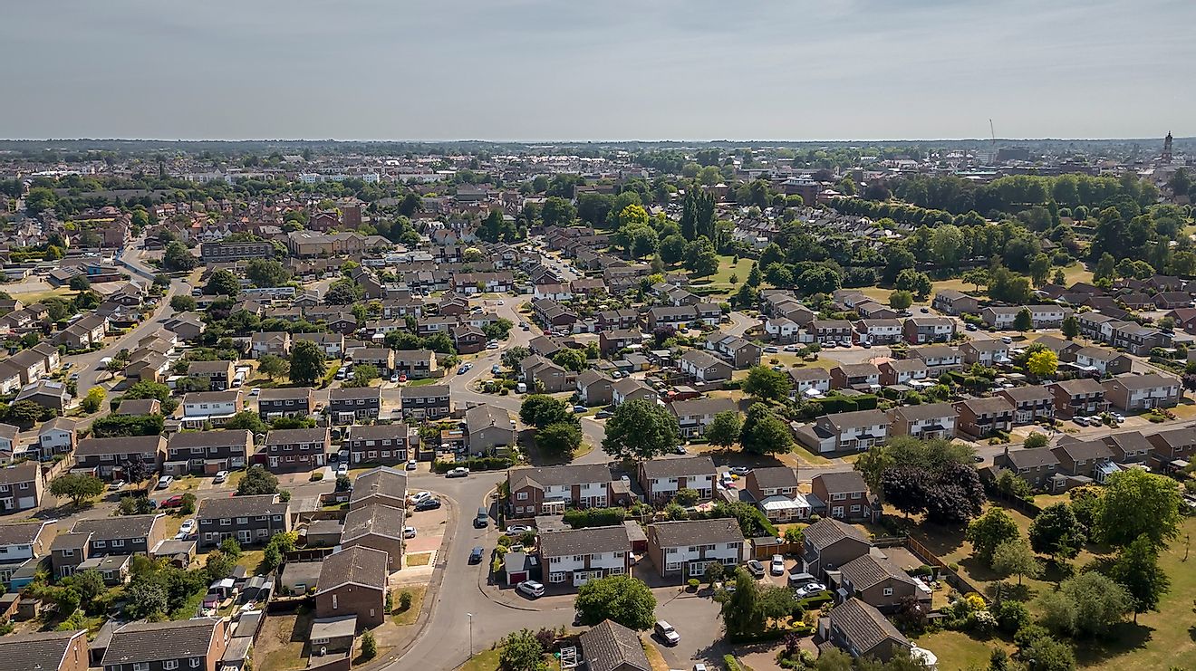 Aerial view of Colchester Riverside suburban residential area, Colchester, Essex, England, UK. Image credit