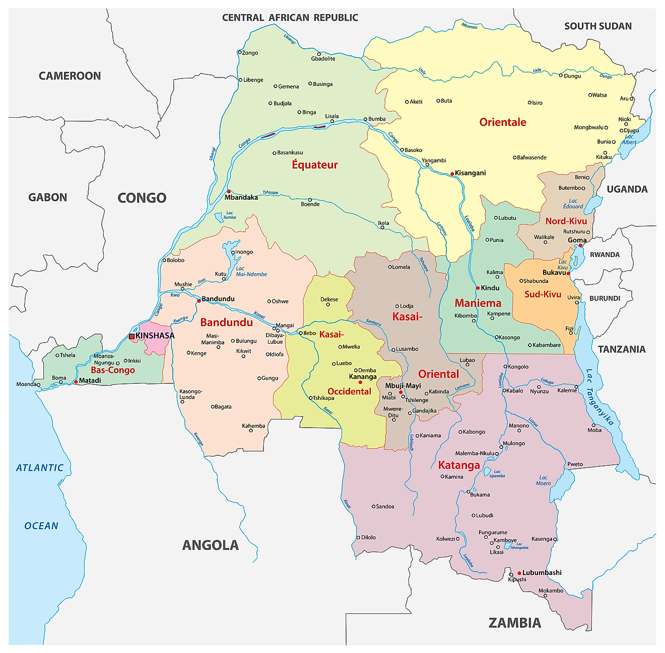 Political map of the Democratic Republic of Congo showing 26 provinces including the capital city of Kinshasa.