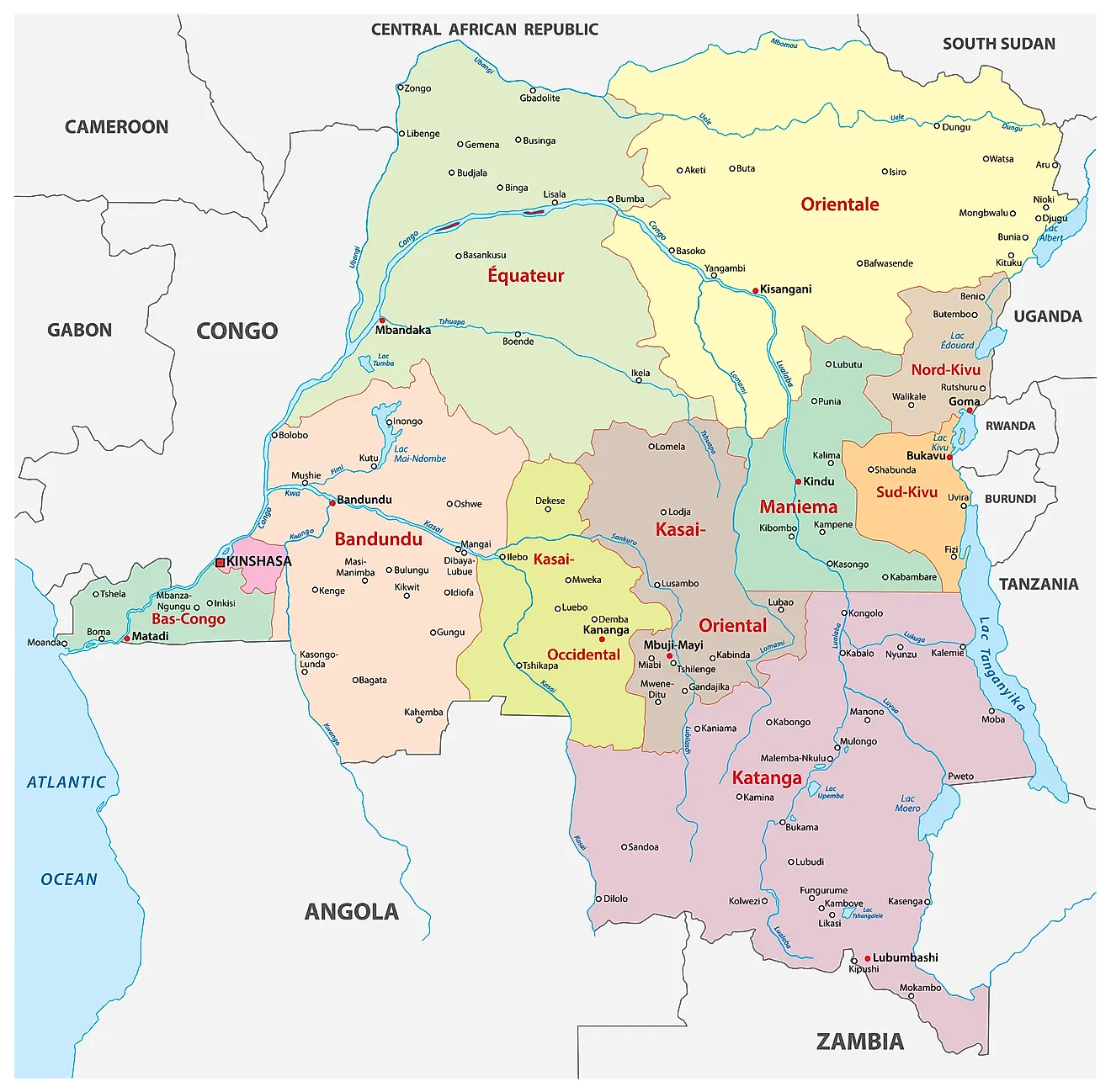 Political map of the Democratic Republic of Congo showing 26 provinces including the capital city of Kinshasa.