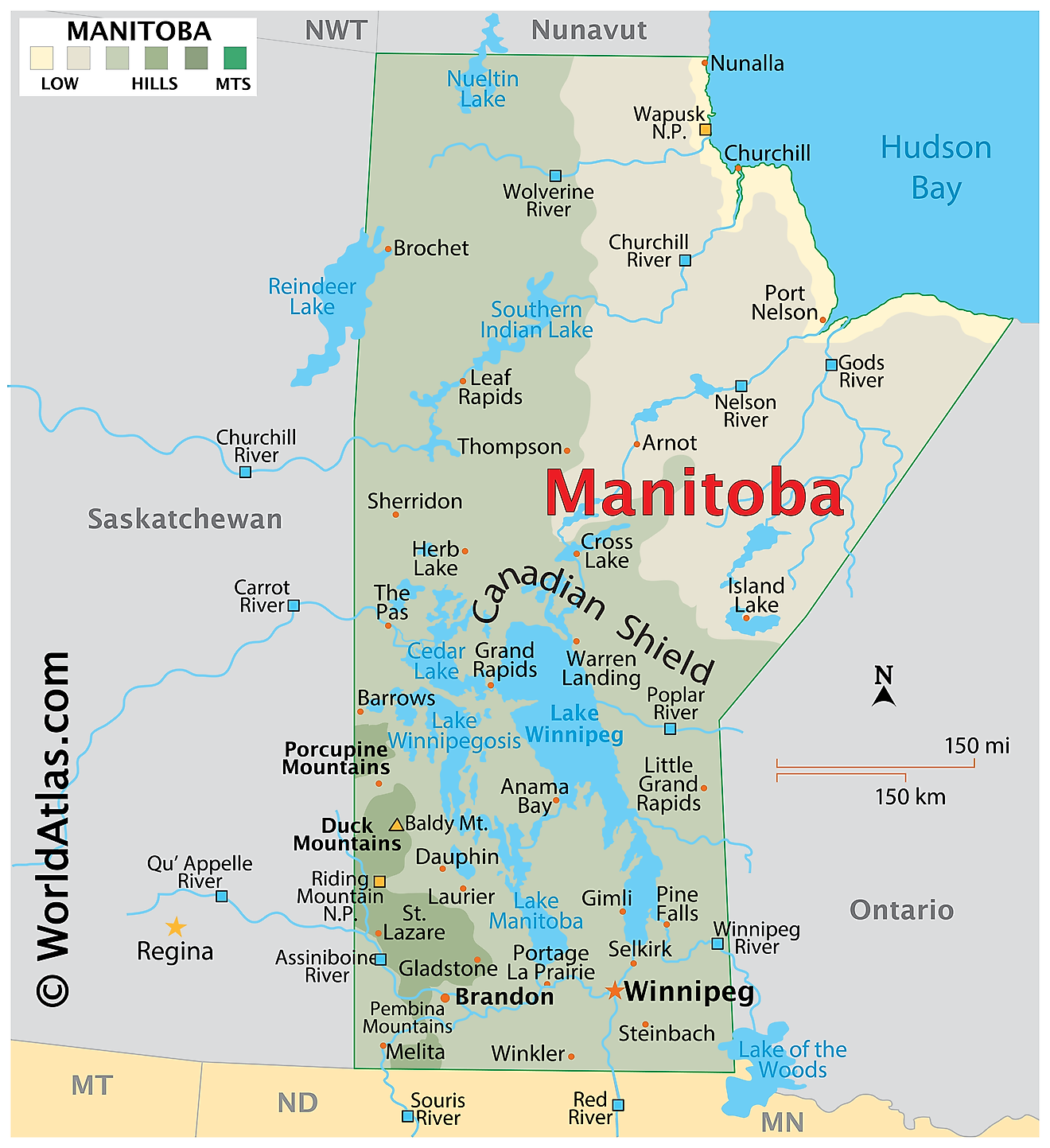 Physical Map of Manitoba. It shows the physical features of Manitoba, including mountain ranges, important rivers, major lakes. 