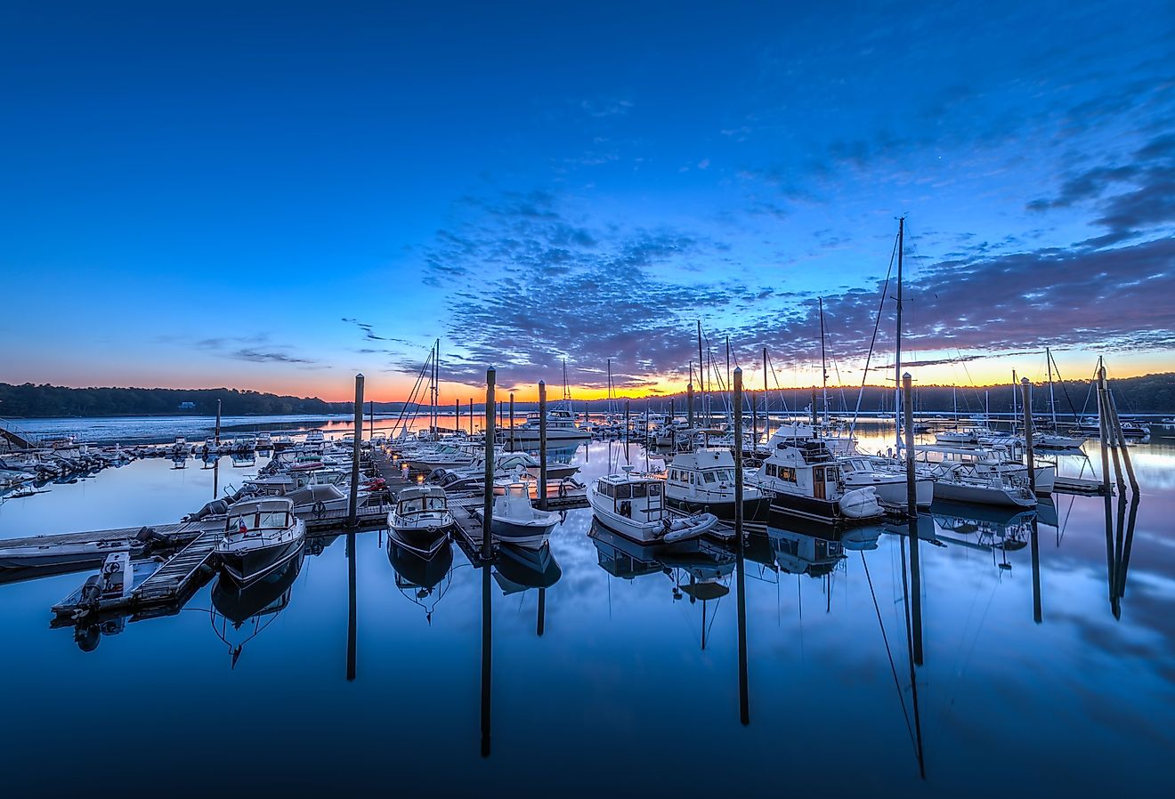 Freeport, Maine's marina view at sunrise.