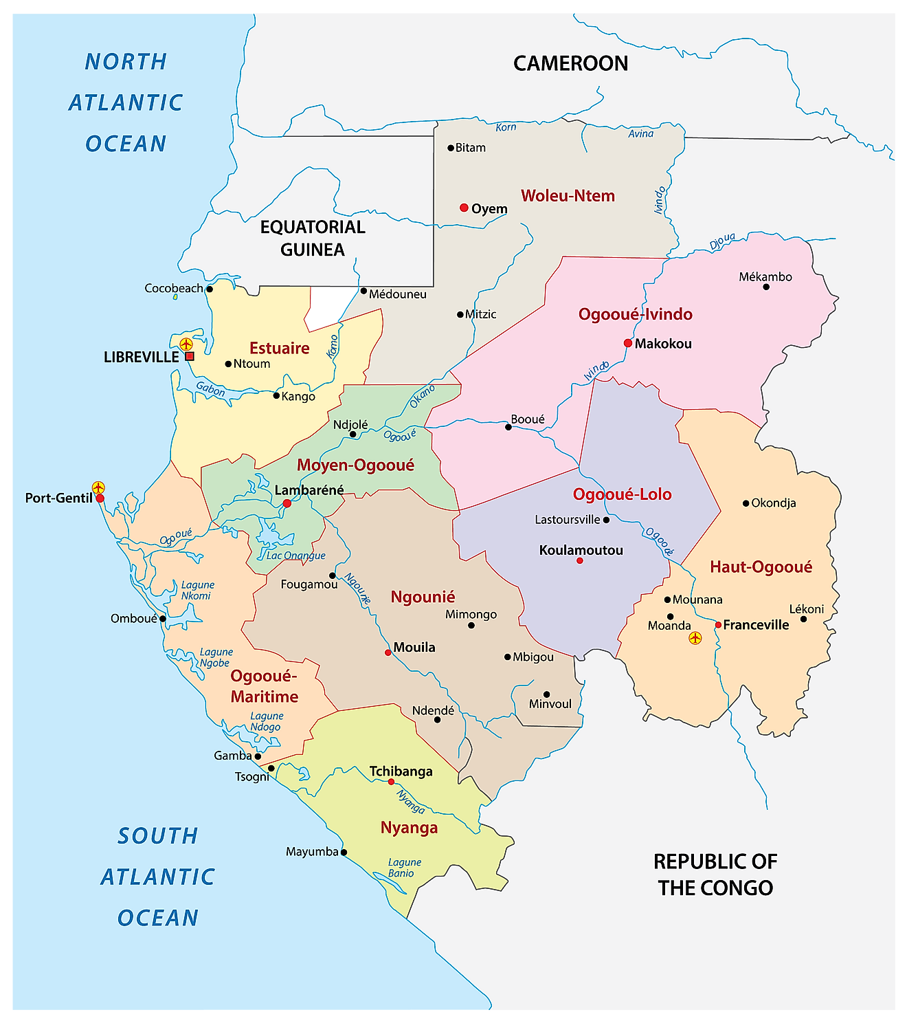 Mapa político de Gabón que muestra las nueve provincias, sus capitales y la capital nacional de Libreville.