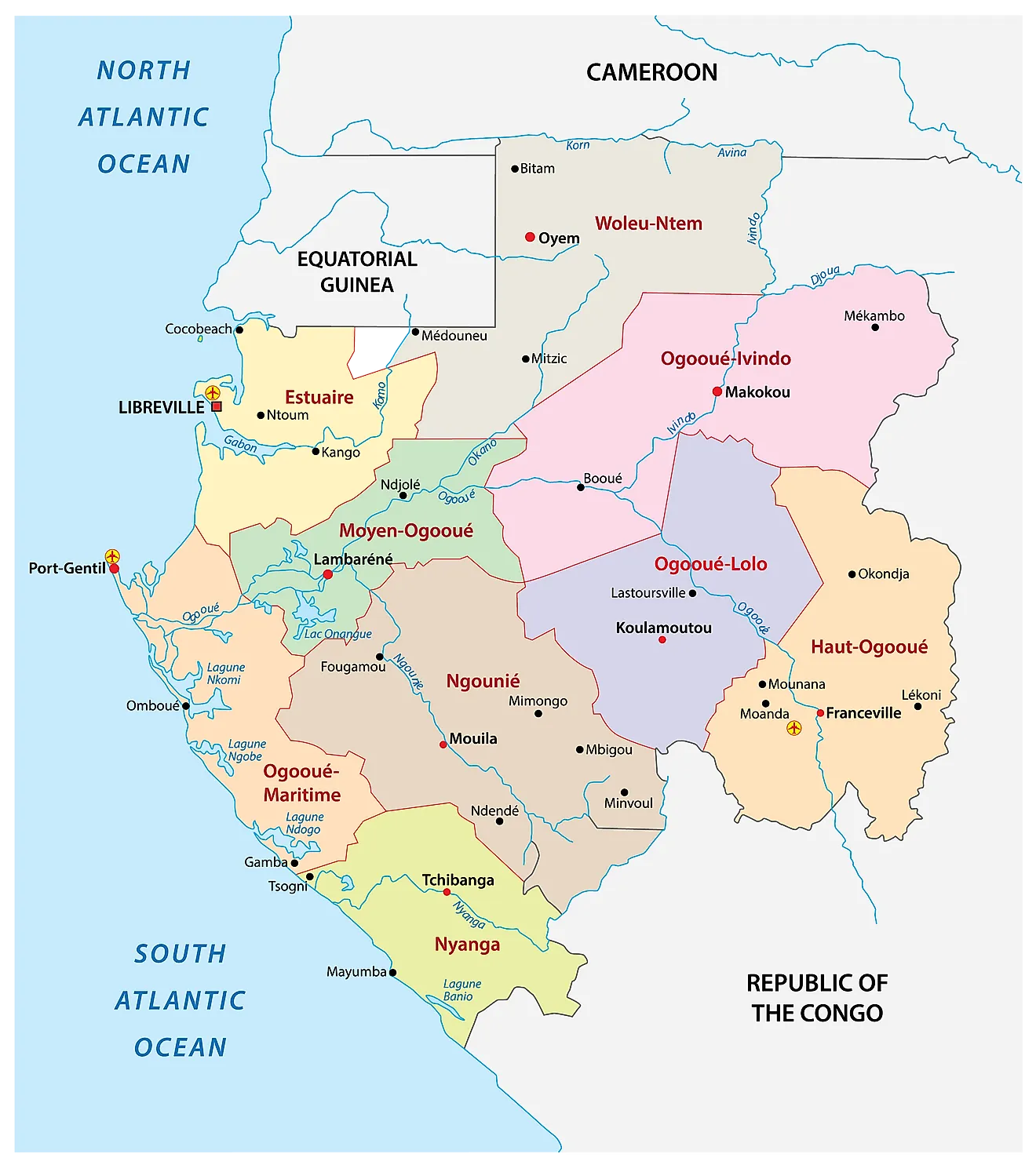 Political Map of Gabon showing the nine provinces, their capitals, and the national capital of Libreville.