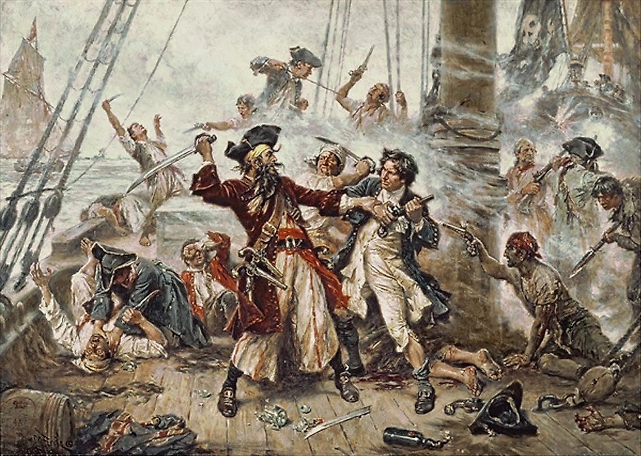 More details Capture of the Pirate, Blackbeard, 1718, Jean Leon Gerome Ferris, painted in 1920. Image credit: Jean Leon Gerome Ferris/Public domain