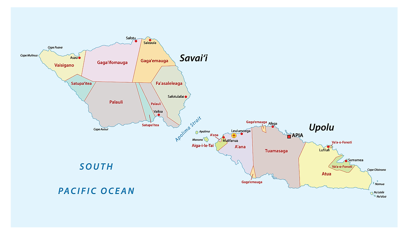 Political Map of Samoa showing its 11 districts and the capital Apia