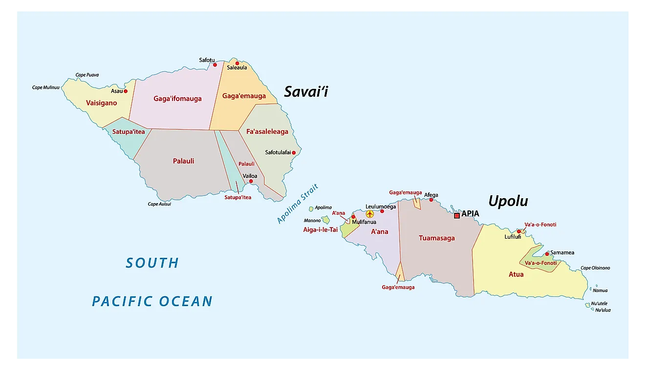 Political Map of Samoa showing its 11 districts and the capital Apia