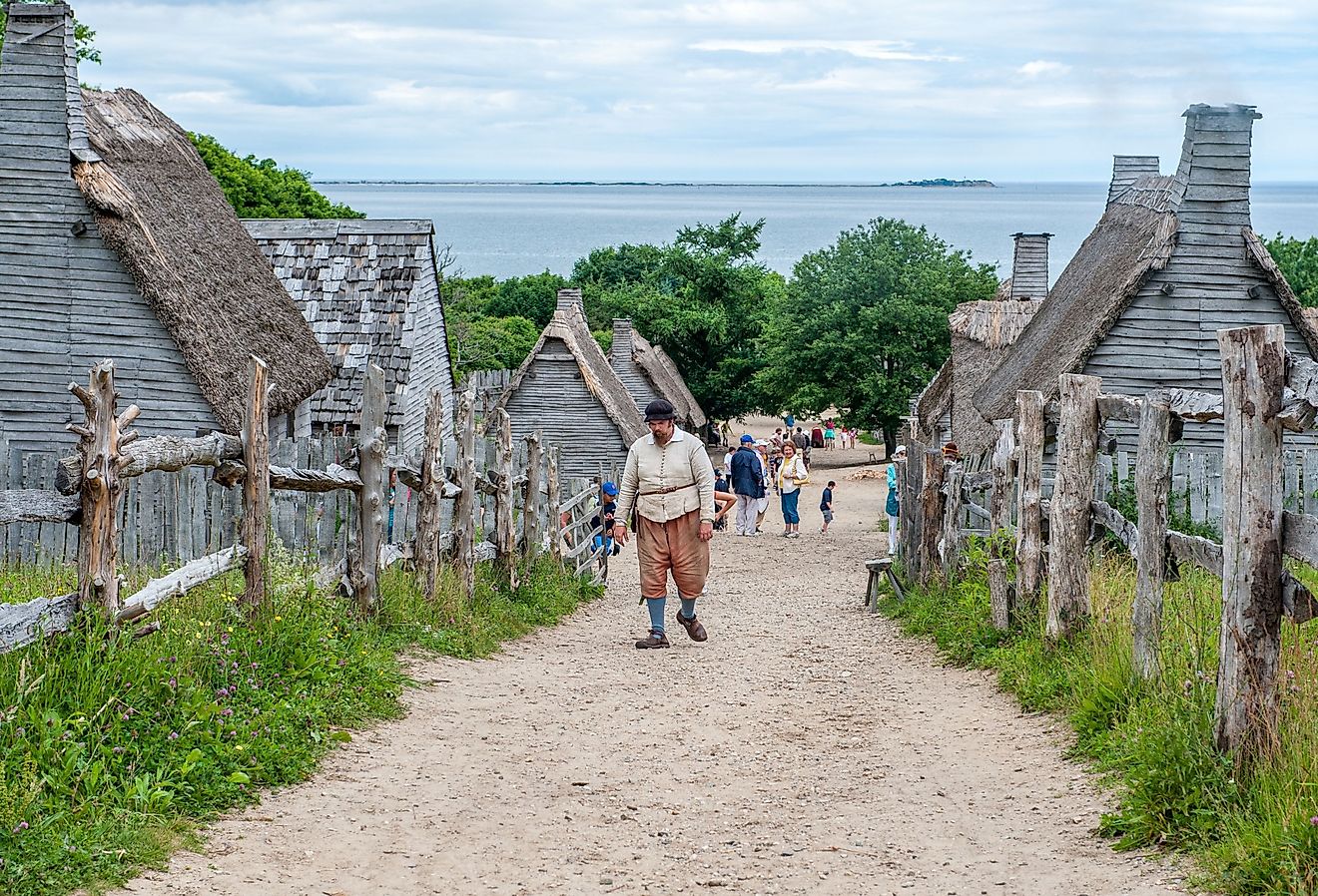 Plimoth Patuxet replicates the original settlement of the Pilgrims at Plymouth Colony, where according to myth the first thanksgiving may have been held in 1621. Editorial credit: Rolf_52 / Shutterstock.com