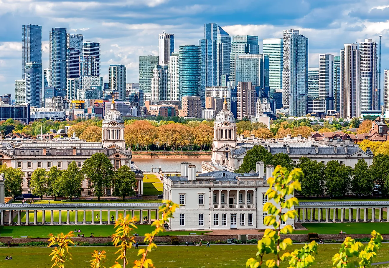 Canary Wharf skyscrapers seen from Greenwich park, London, UK