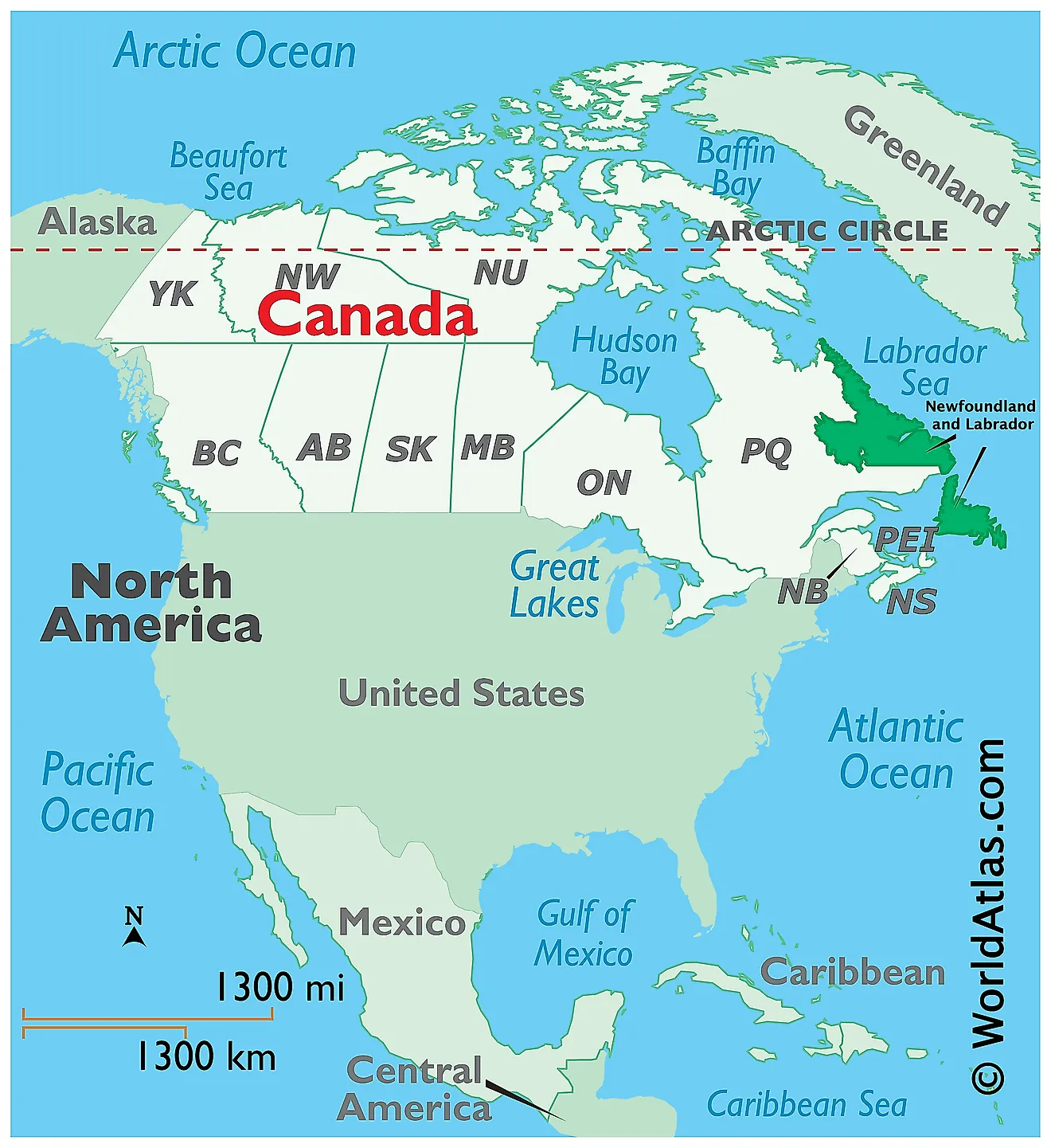 Map showing location of Newfoundland and Labrador in the world.