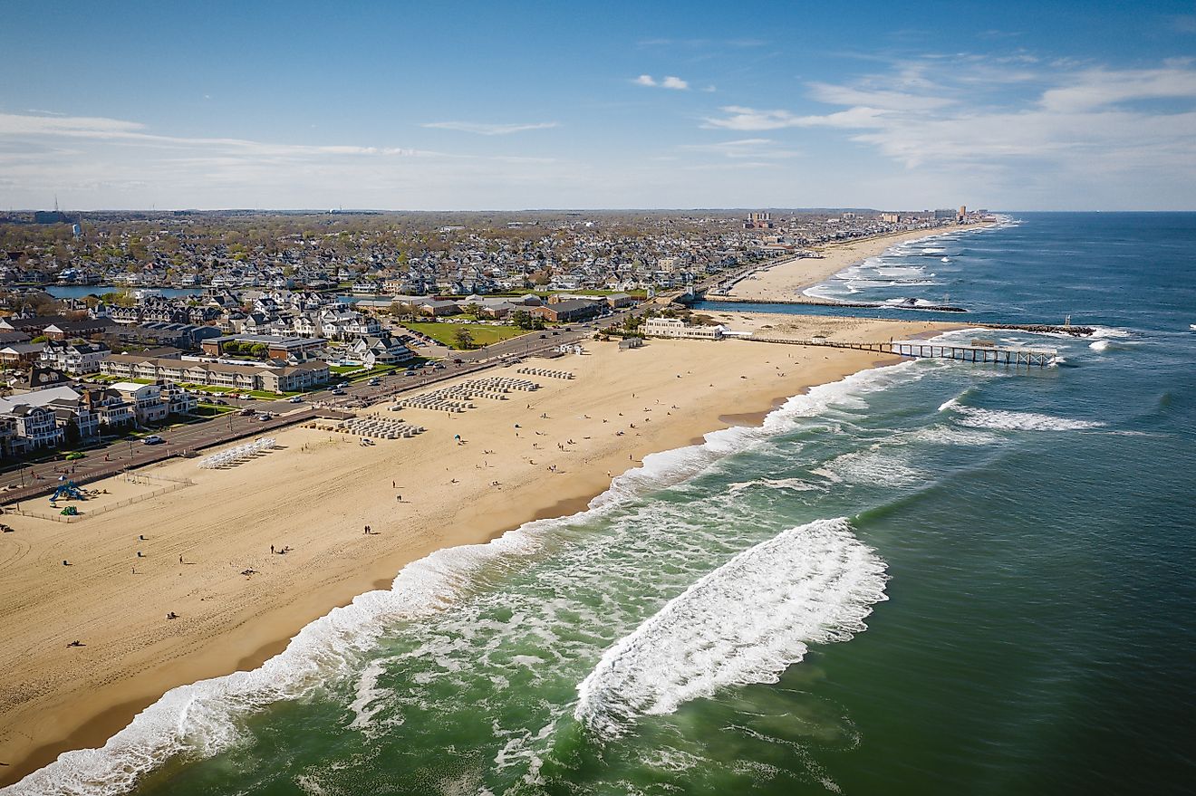 Aerial view of the non-crowded beaches in Belmar, New Jersey.