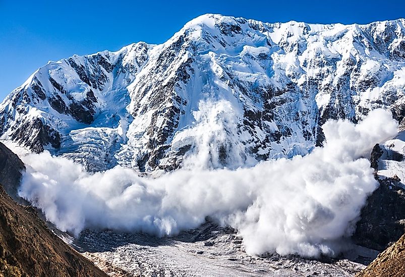 Snow speeds down the slopes of these mountains in the Caucasus Region of Russia.