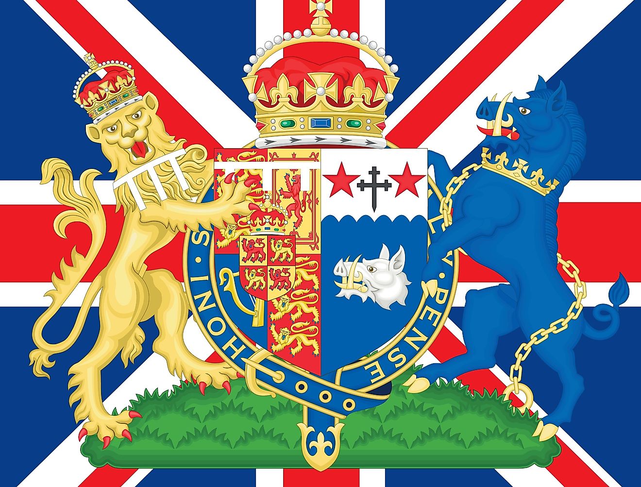 Camilla coat of arms on the United Kingdom flag, Queen Consort of the King Charles Third, 2022. Image credit Fabrizio Annovi via Shutterstock