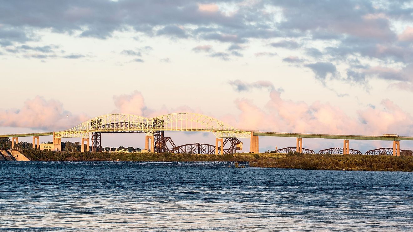 The Sault Ste. Marie International Bridge crosses the St. Marys River from Canada to US. 
