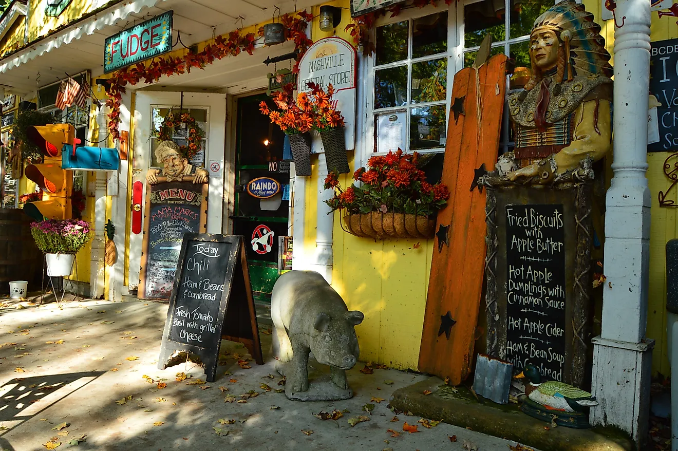 The entrance area of the Nashville General Store & Bakery in Nashville, Indiana. Editorial credit: James Kirkikis via Shutterstock.com