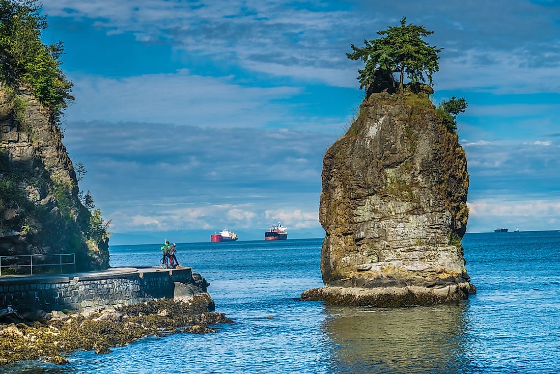 Small Douglas fir trees sit atop Siwash rock in Vancouver's Stanley Park.  