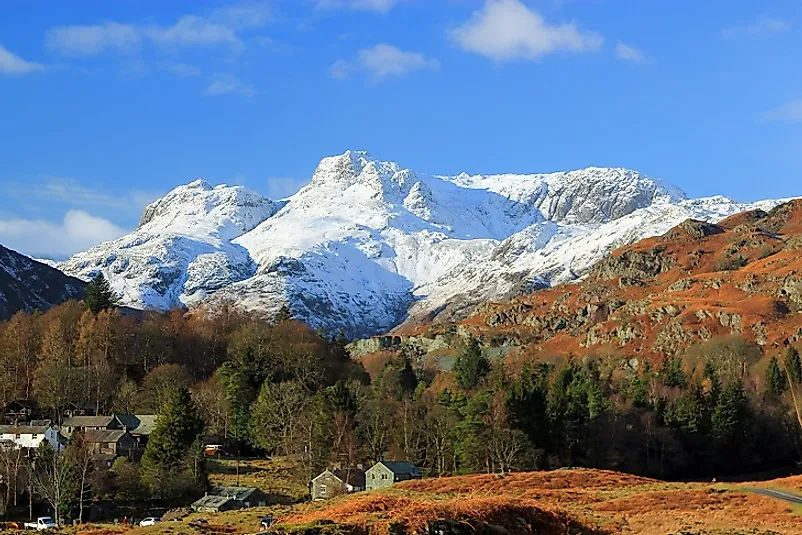 Snow-covered peak of Scafell Pike in Cumbria, England, United Kingdom.