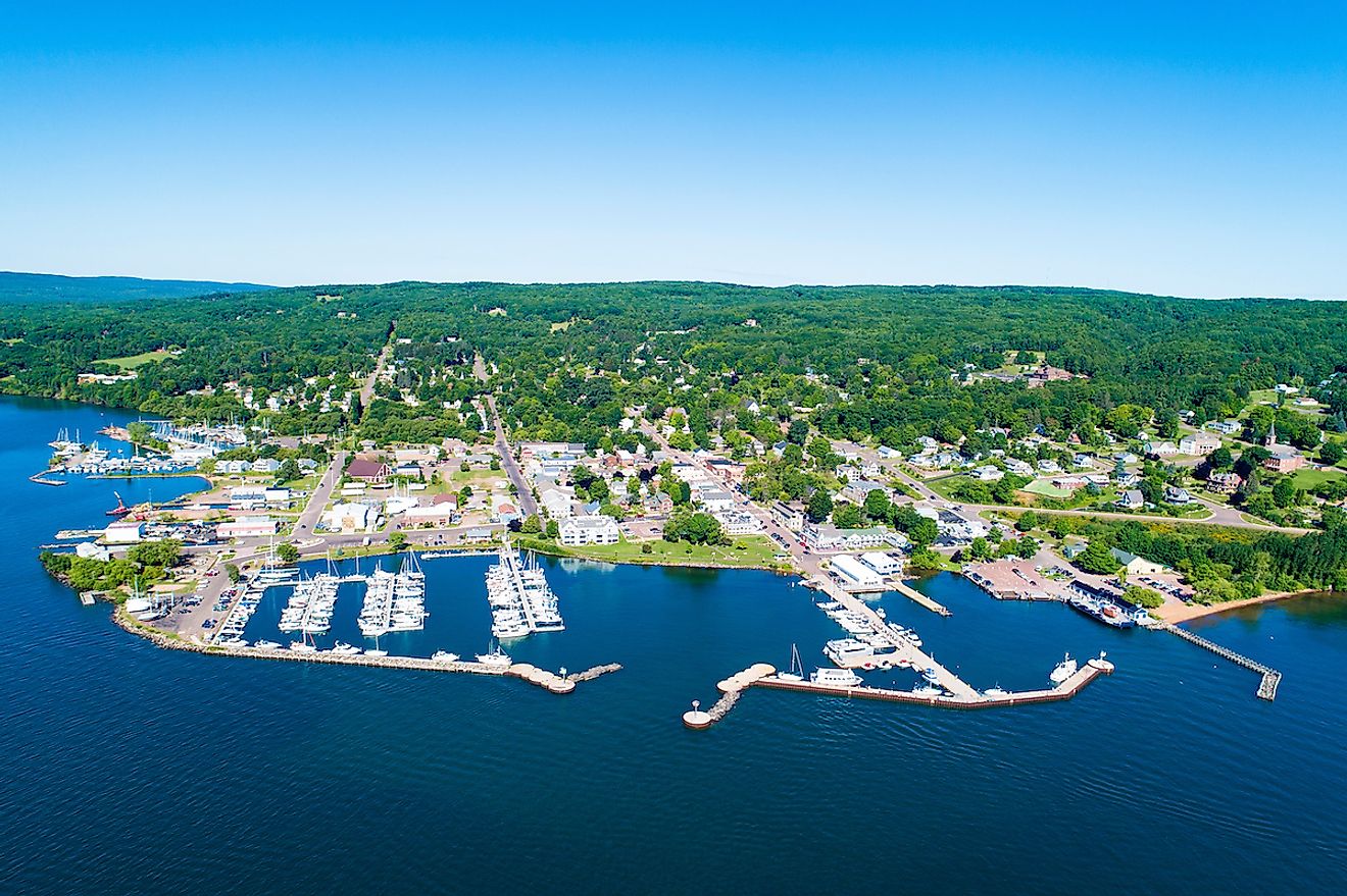 Aerial view of the beautiful town of Bayfield in Wisconsin.