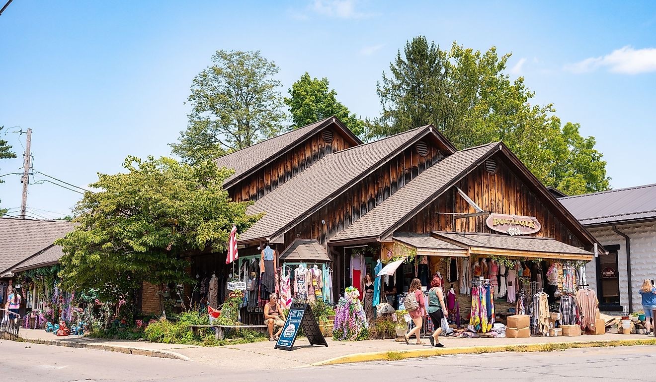 Street scene from historic downtown Nashville Indiana in Brown County with people visible. Editorial credit: Little Vignettes Photo / Shutterstock.com
