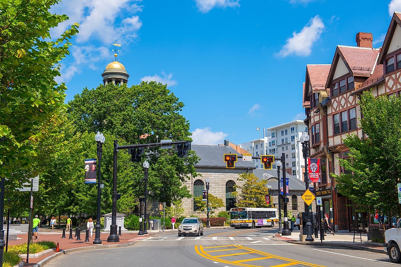 Historic Adams Building at 1354 Hancock Street with United First Parish Church in historic city center of Quincy, Massachusetts. Editorial credit: Wangkun Jia / Shutterstock.com