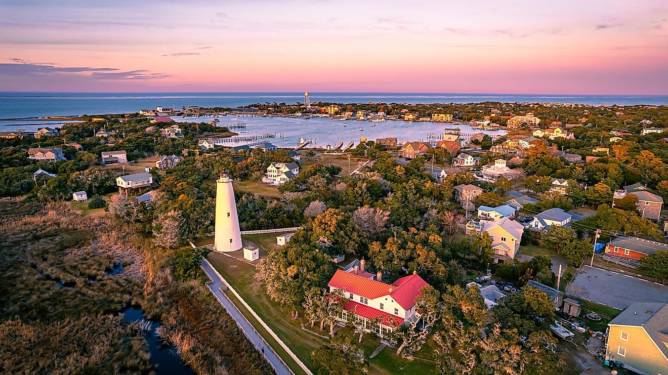 Aerial view of Ocracoke Light and surroundings buildings in Ocracoke, North Carolina.