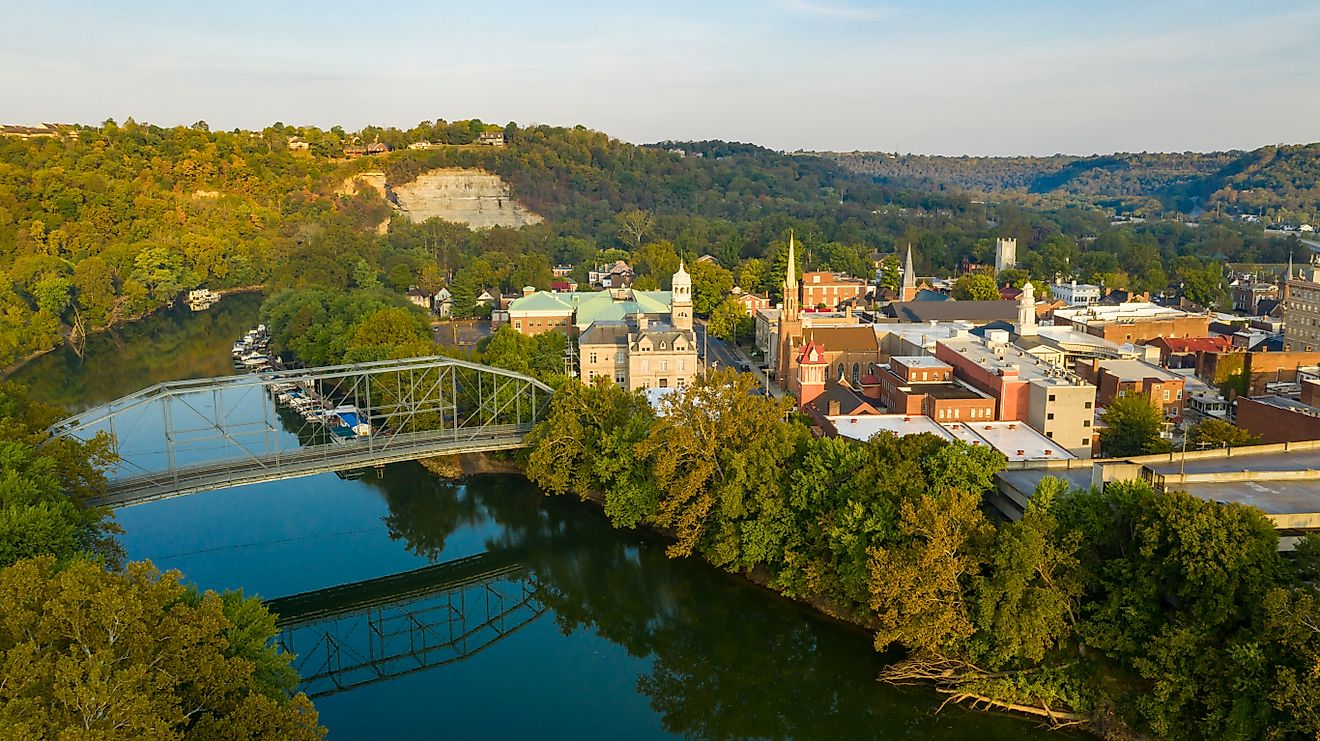 The Kentucky River meanders along framing the downtown urban core of Frankfort KY.
