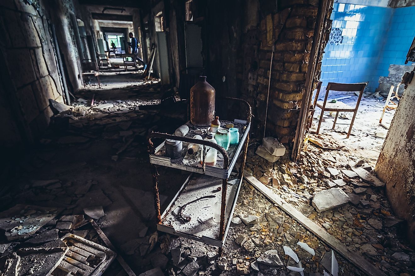 The interior of a city hospital in Pripyat, Chernobyl's abandoned city.