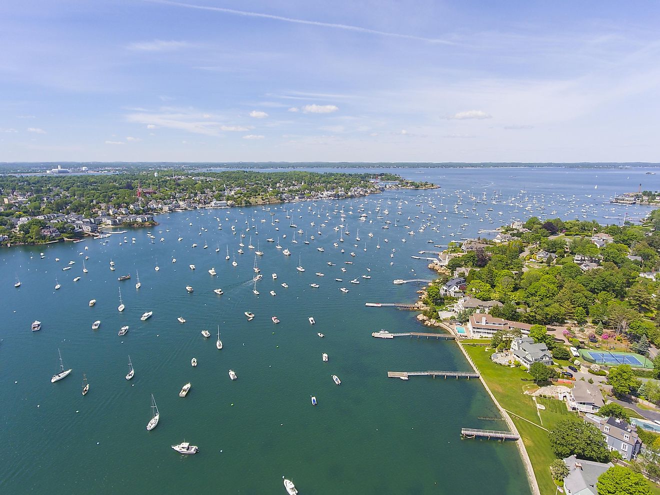 Aerial view of Marblehead town center and Marblehead Harbor in town of Marblehead, Massachusetts