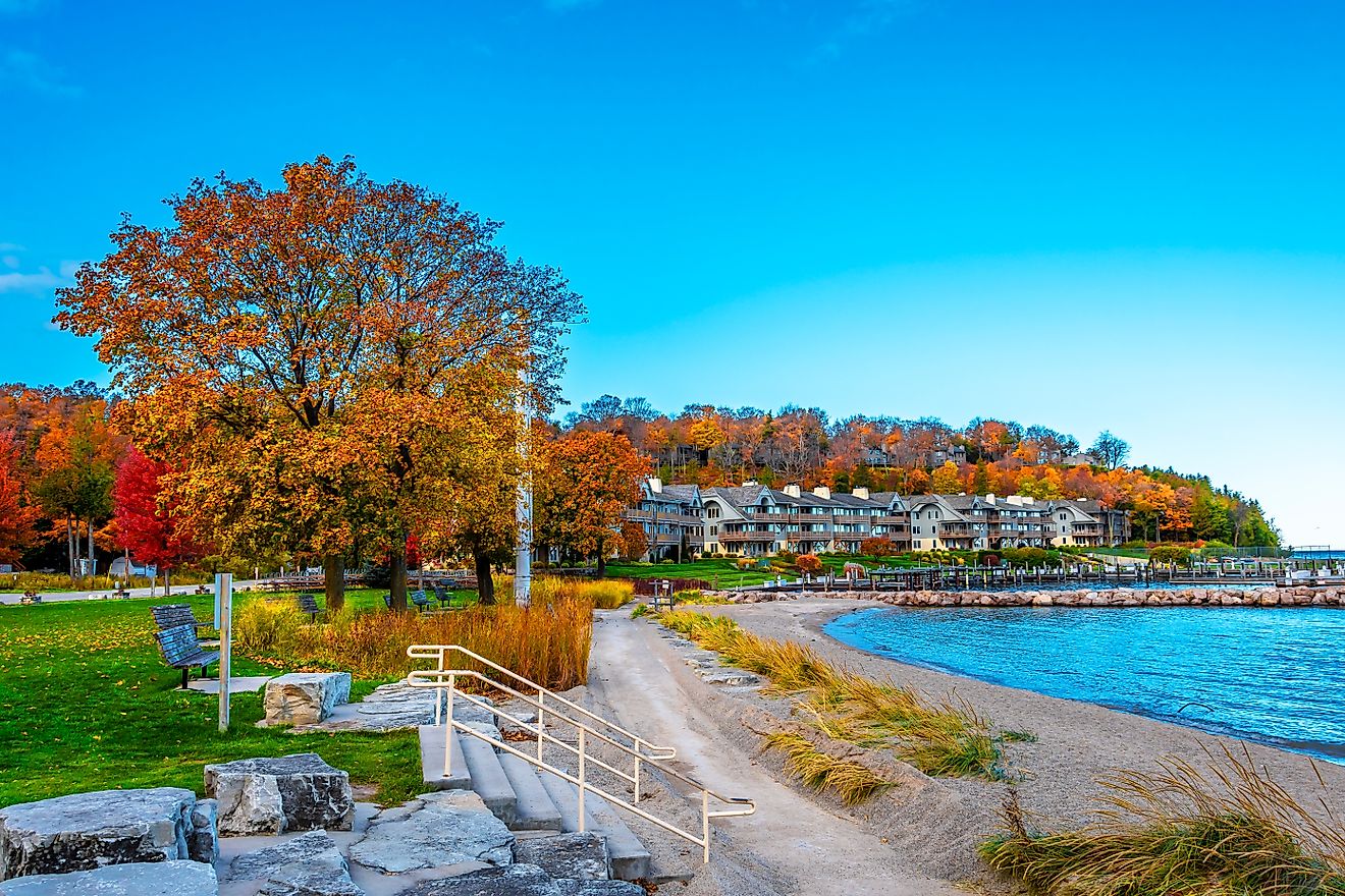 The coastline of Sister Bay, Wisconsin, in fall.