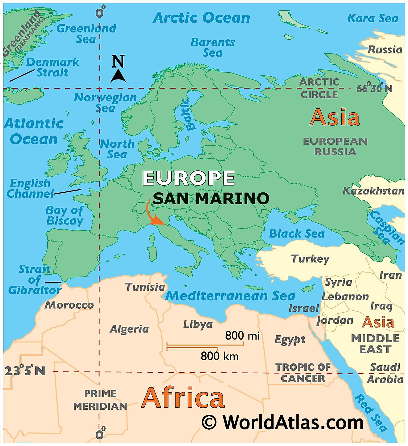 Mapa que muestra la ubicación de San Marino en el mundo.