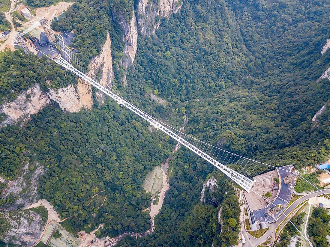 An aerial view of the the Zhangjiajie Glass Bridge. 