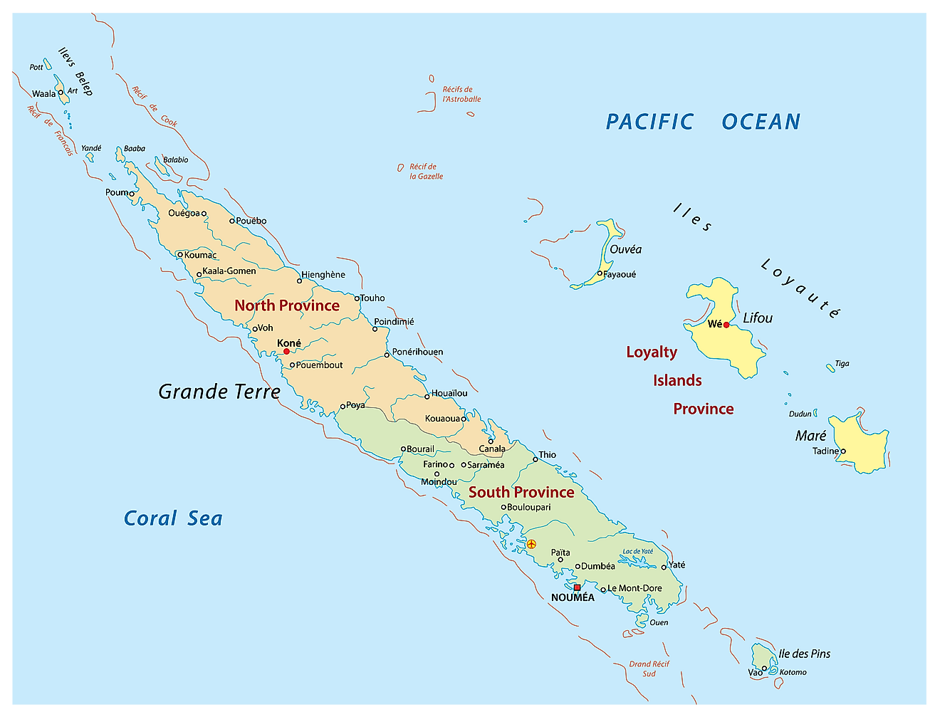 Mapa Político de Nueva Caledonia mostrando sus 3 provincias y la capital Nouméa