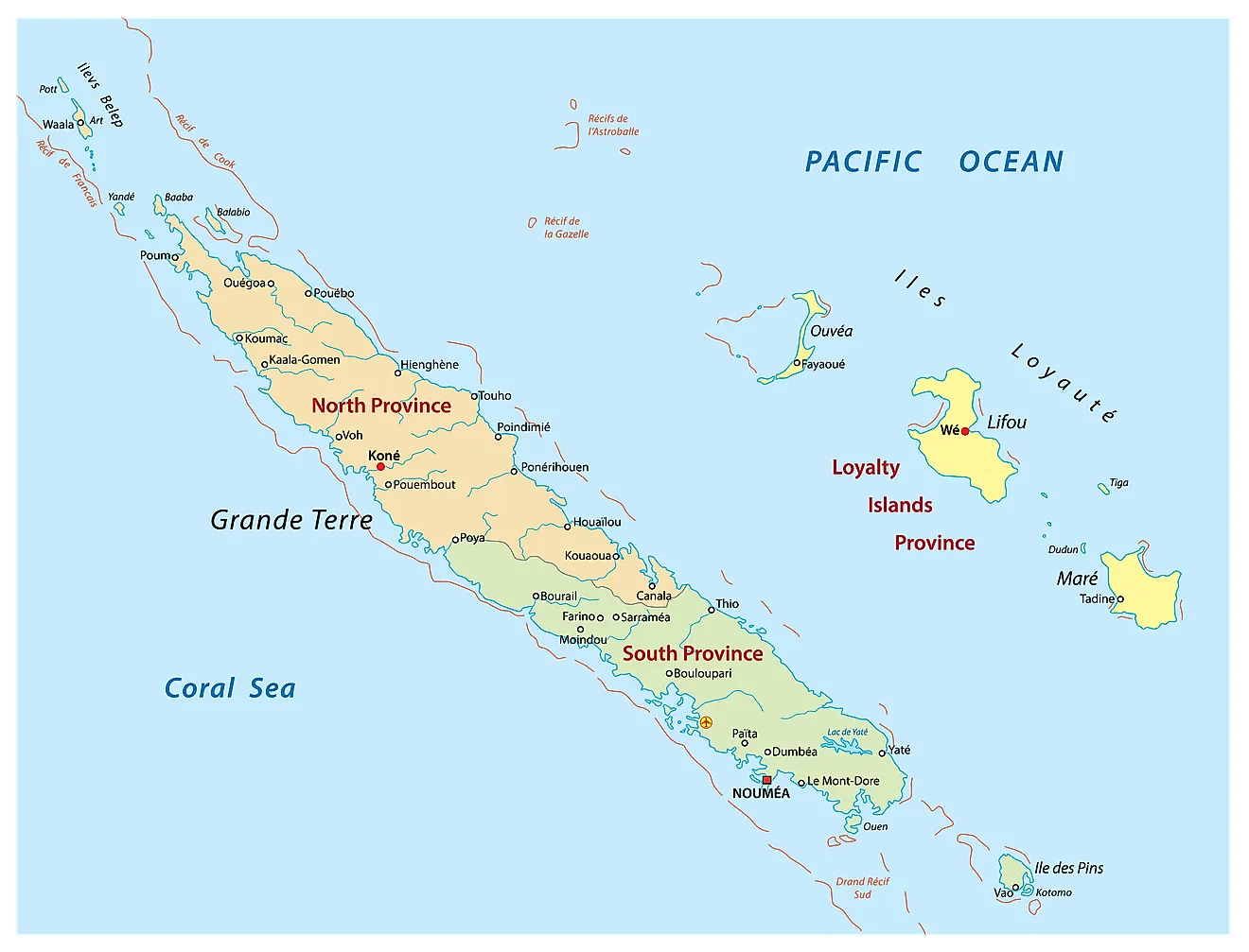 Political Map of New Caledonia showing its 3 provinces and the capital Nouméa