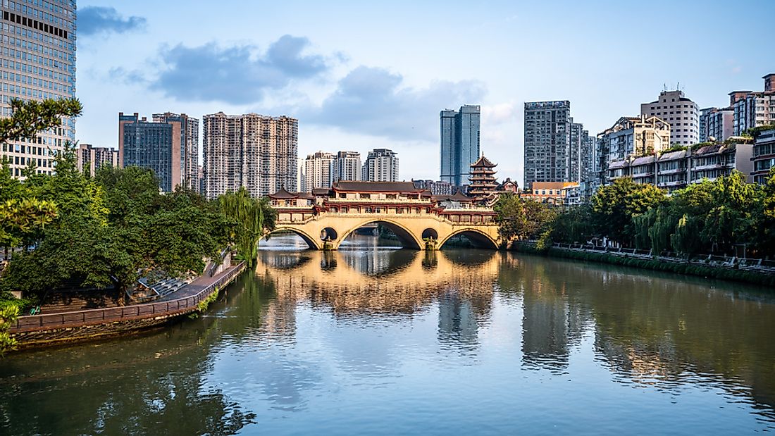 View of Anshun bridge on daytime and city and river panorama in Chengdu Sichuan China.