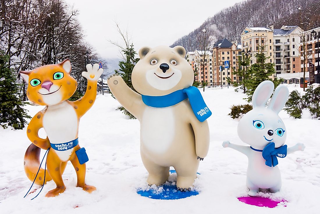 Snow Leopard, Bely Mishka, and Zaika, the mascots of the Sochi 2014 Olympic Games. Editorial credit: Ewa Studio / Shutterstock.com
