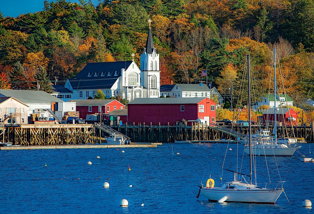 Our Lady Queen of Peace catholic church on the shore of Boothbay Harbor, Maine. Image credit Bob Pool via Shutterstock