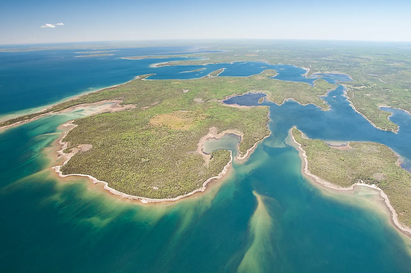 Air photo of the Les Cheneaux Island chain located in Lake Huron, Michigan.