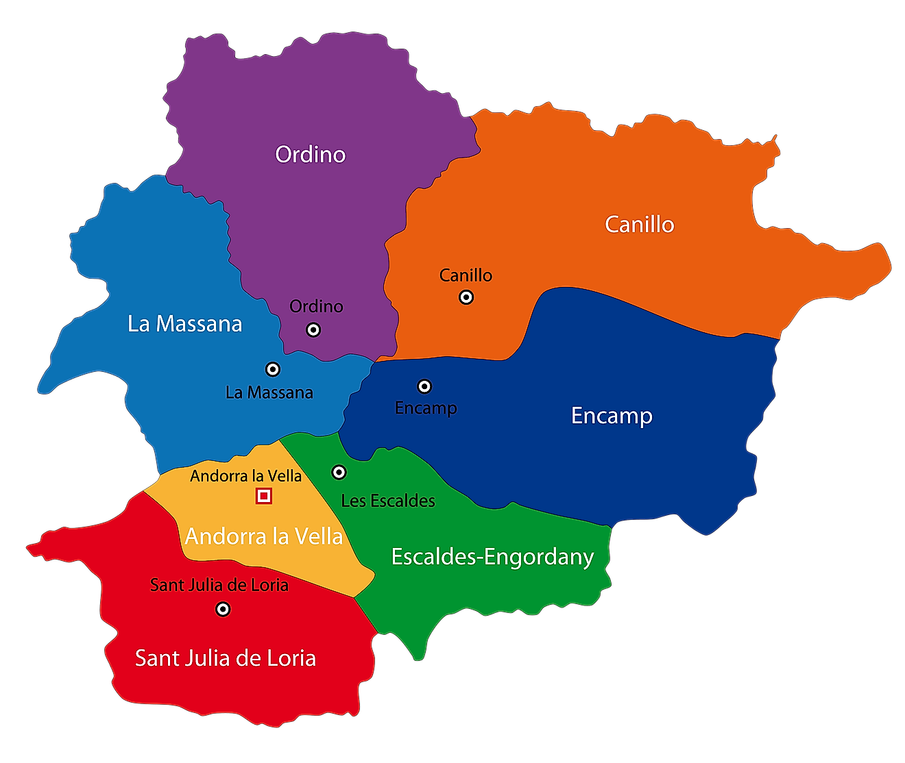 Political Map of Andorra showing its 7 parishes and the capital city of Andorra la Vella
