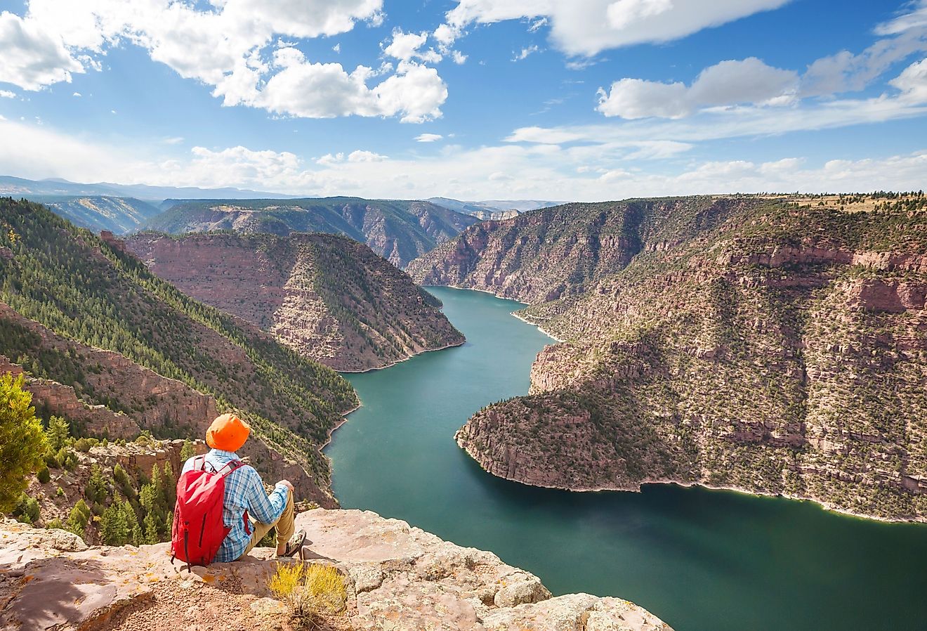 Hiker in Flaming Gorge Recreation Area in Rock Springs, Wyoming.