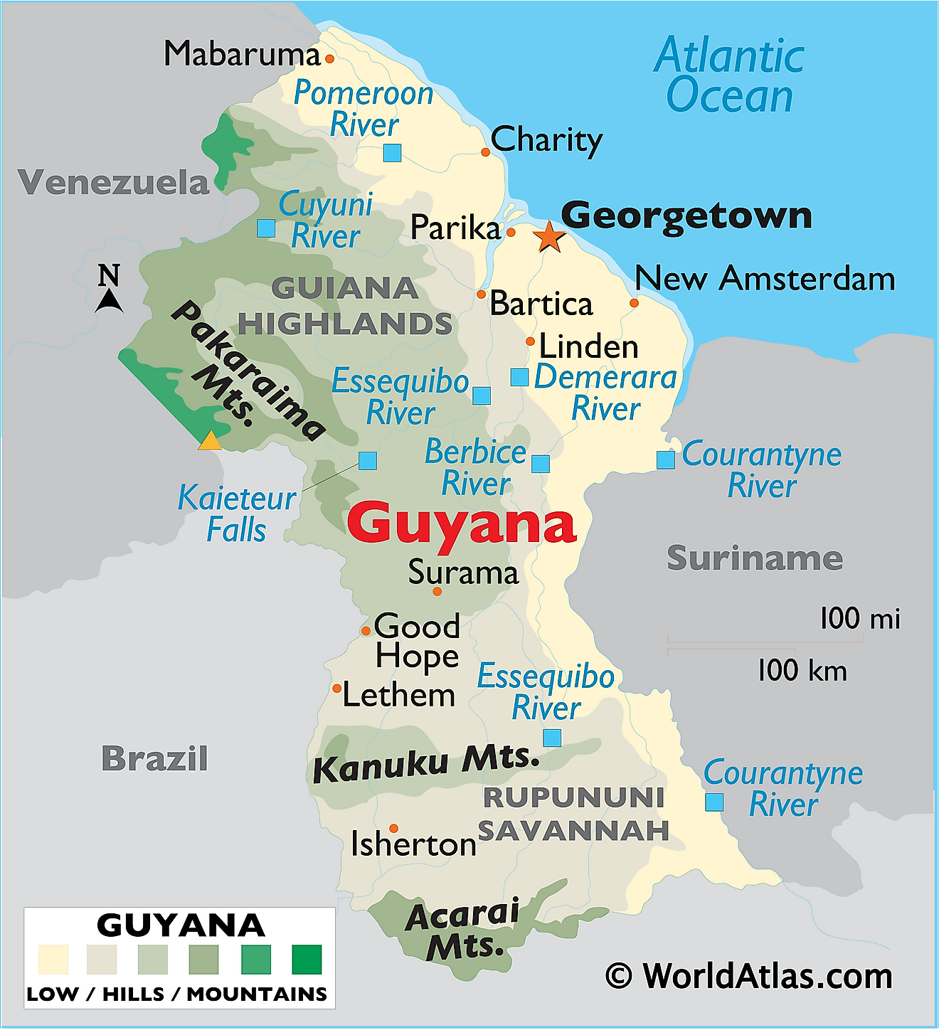 Physical map of Guyana showing terrain, major mountain ranges, rivers, important cities, neighboring countries, and more.