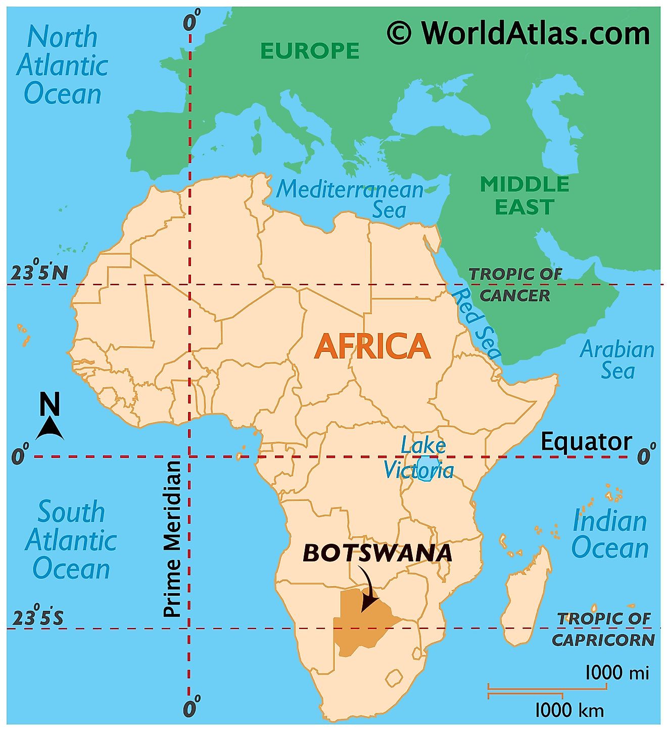 Map showing location of Botswana in the world.