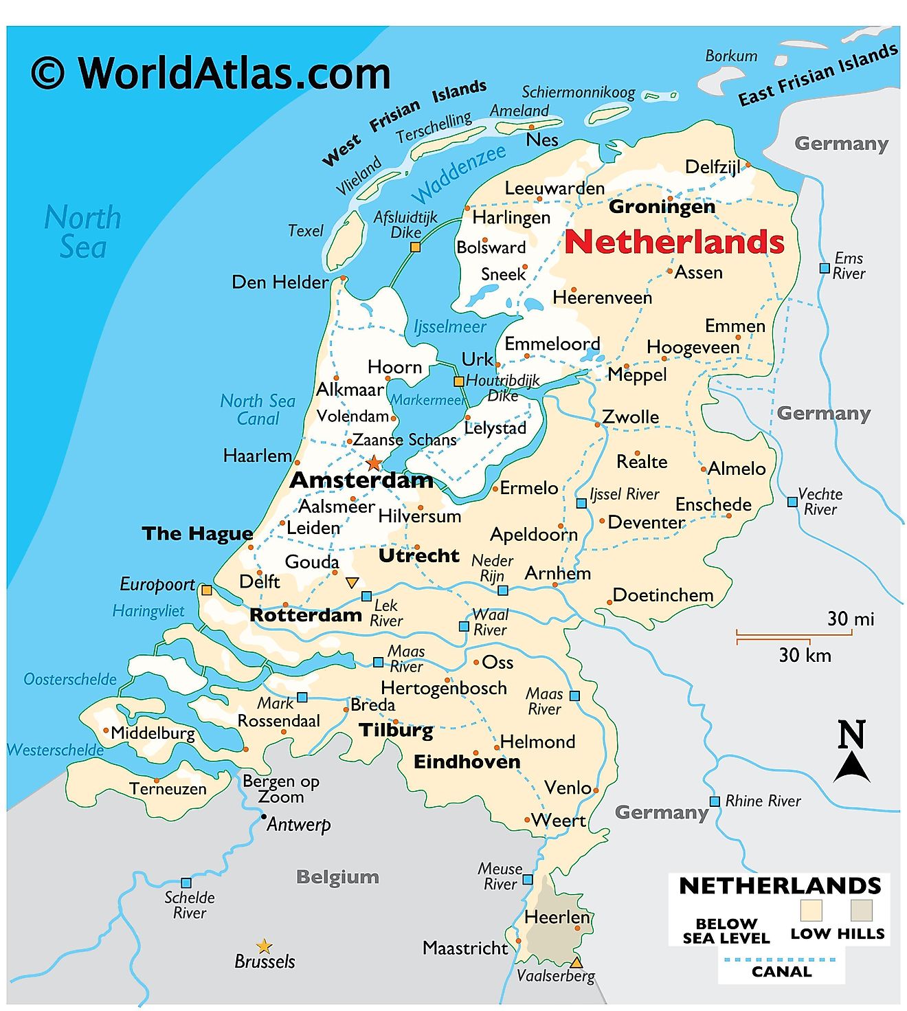 Mappa fisica dei Paesi Bassi che mostra rilievo, confini internazionali, fiumi principali, punti estremi, città importanti, isole, ecc.