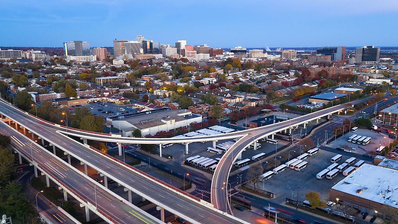 Aerial view of Wilmington, Delaware, downtown city skyline, bus station and highways. 