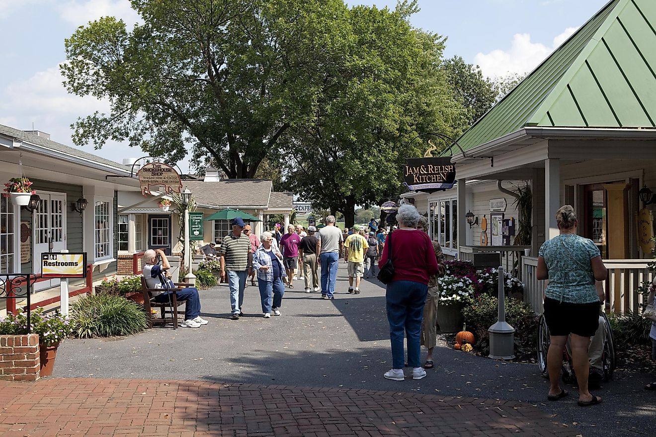 Shoppers browse the storefronts of Kitchen Kettle Village in Bird-In-Hand, Pennsylvania