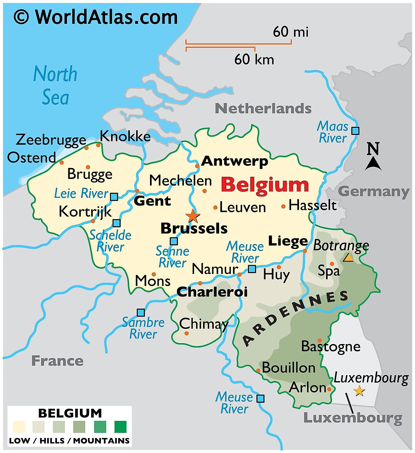 Physical Map of Belgium showing terrain, mountains, extreme points, islands, rivers, major cities, international boundaries, etc.