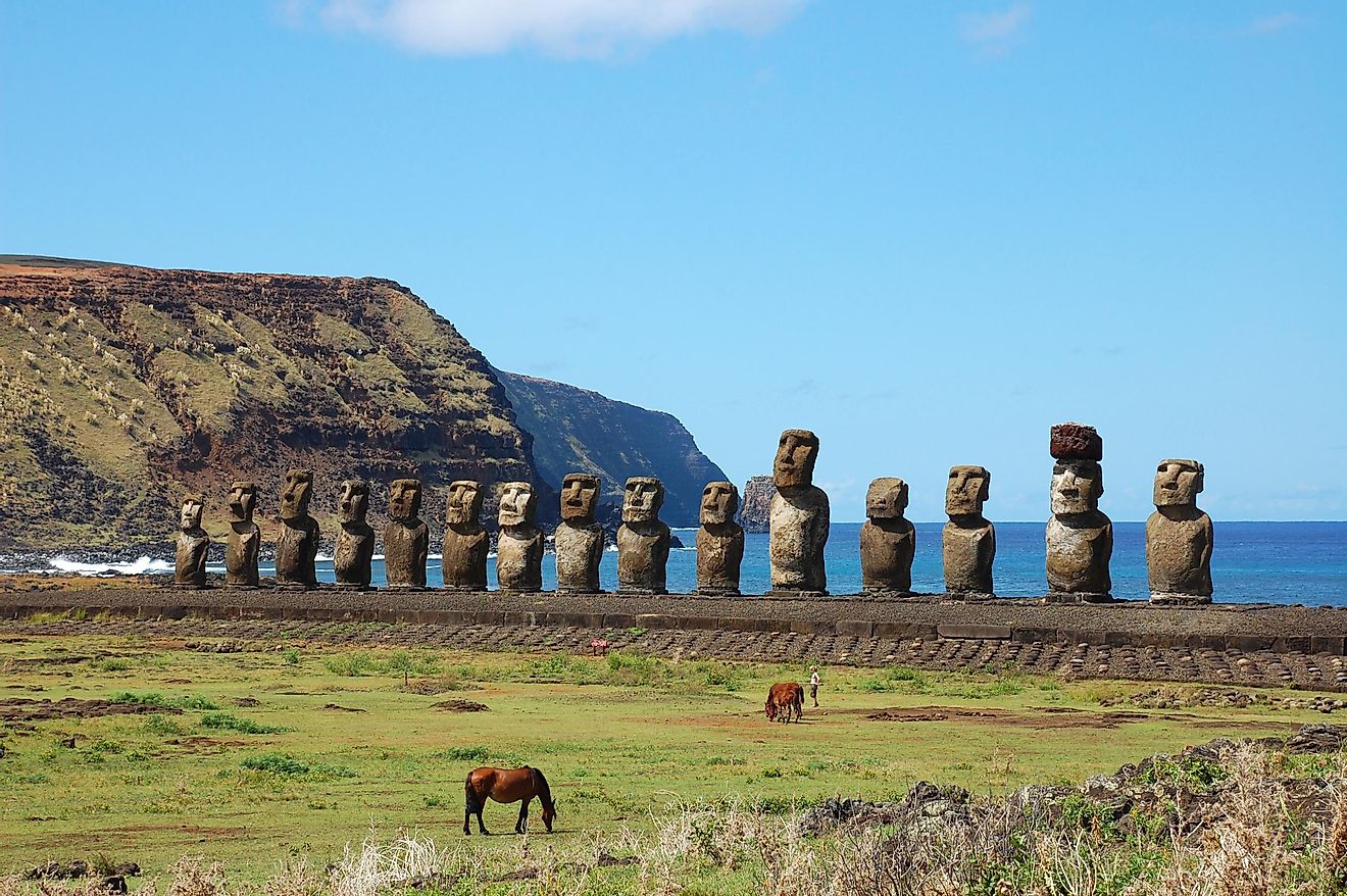 Moai statues in Rano Raraku Volcano, Easter Island, Chile.